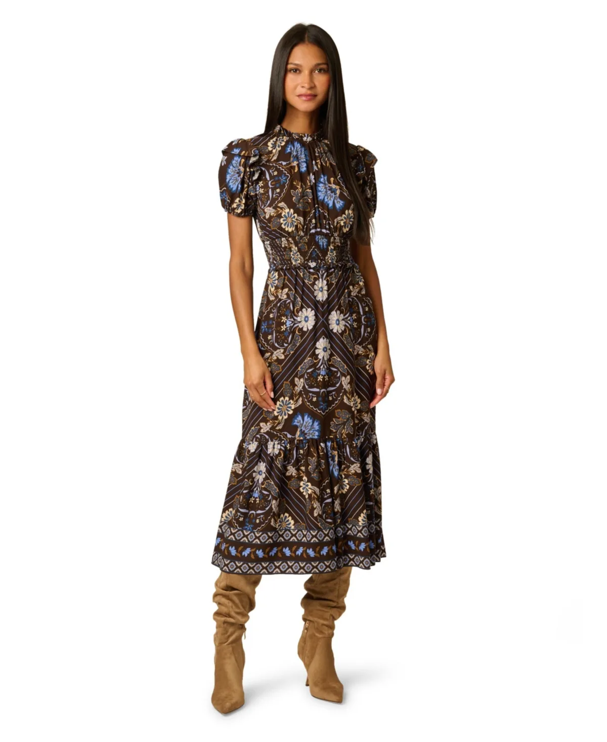 Floral-Print Smocked Short-Sleeve Midi Dress by Adrianna Papell