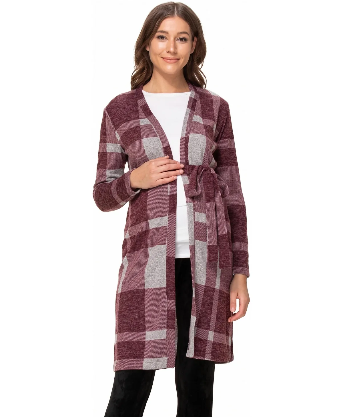 Sweater Knit Plaid Open Front Waist Belt Cardigan by Hello Miz