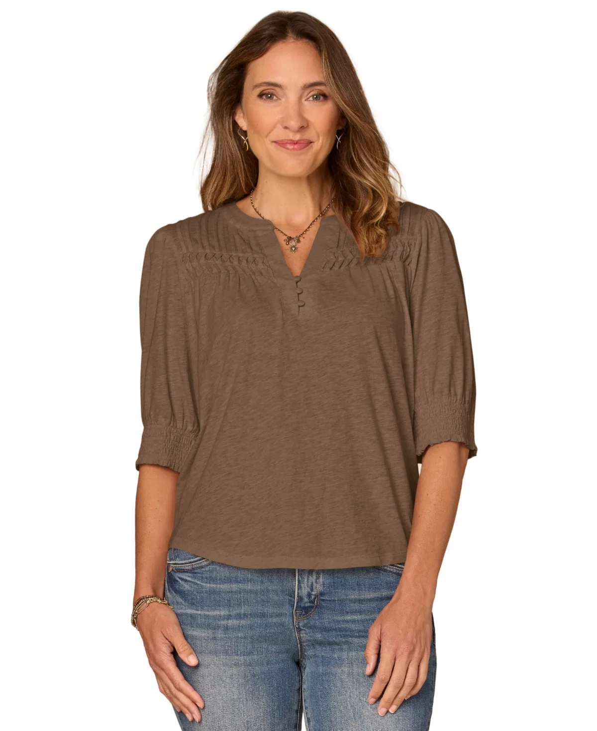 Blouson-Sleeve Mandarin Collar Knit Top by Democracy