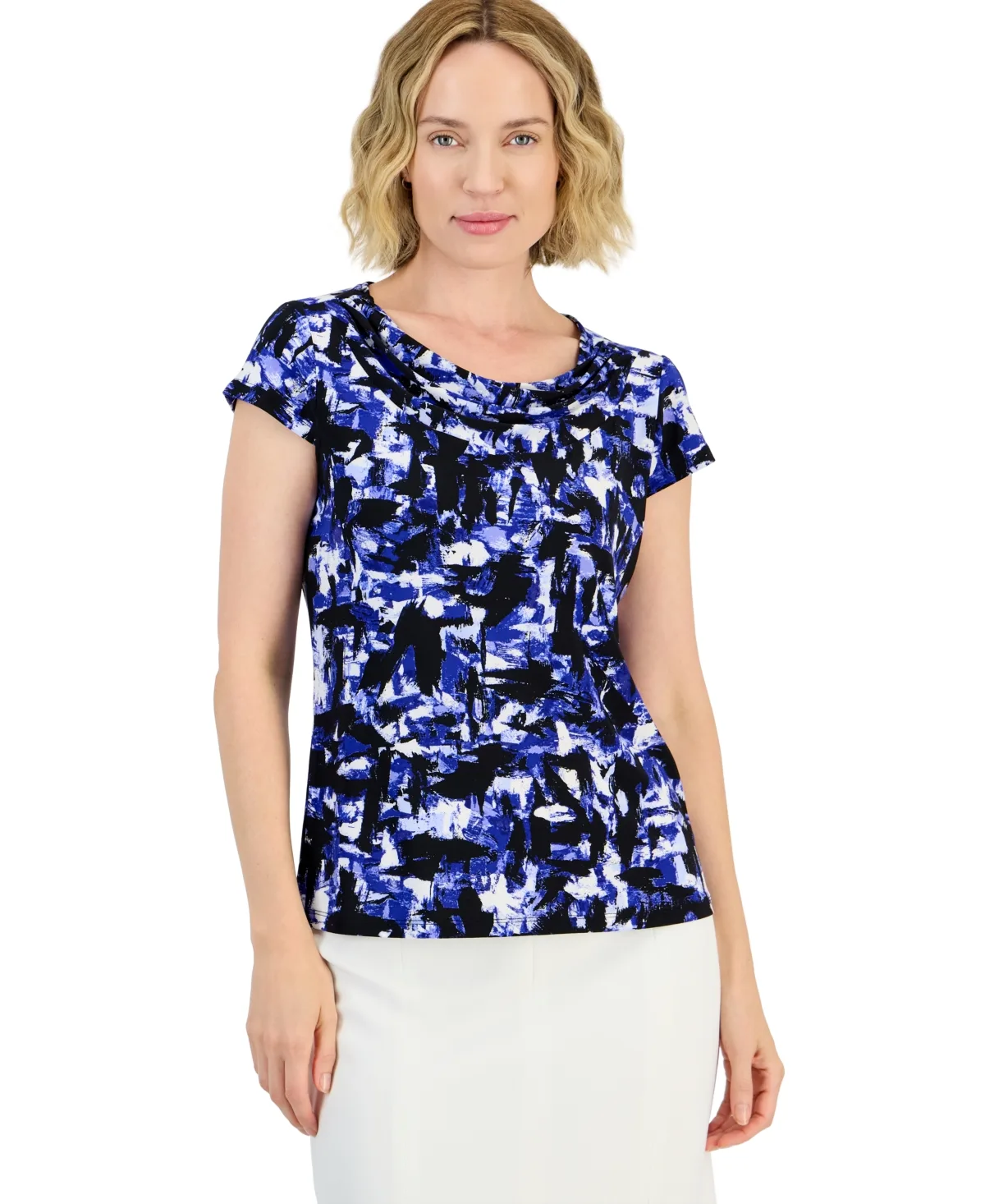 Brushstroke Print Cowl Neck Blouse by Kasper