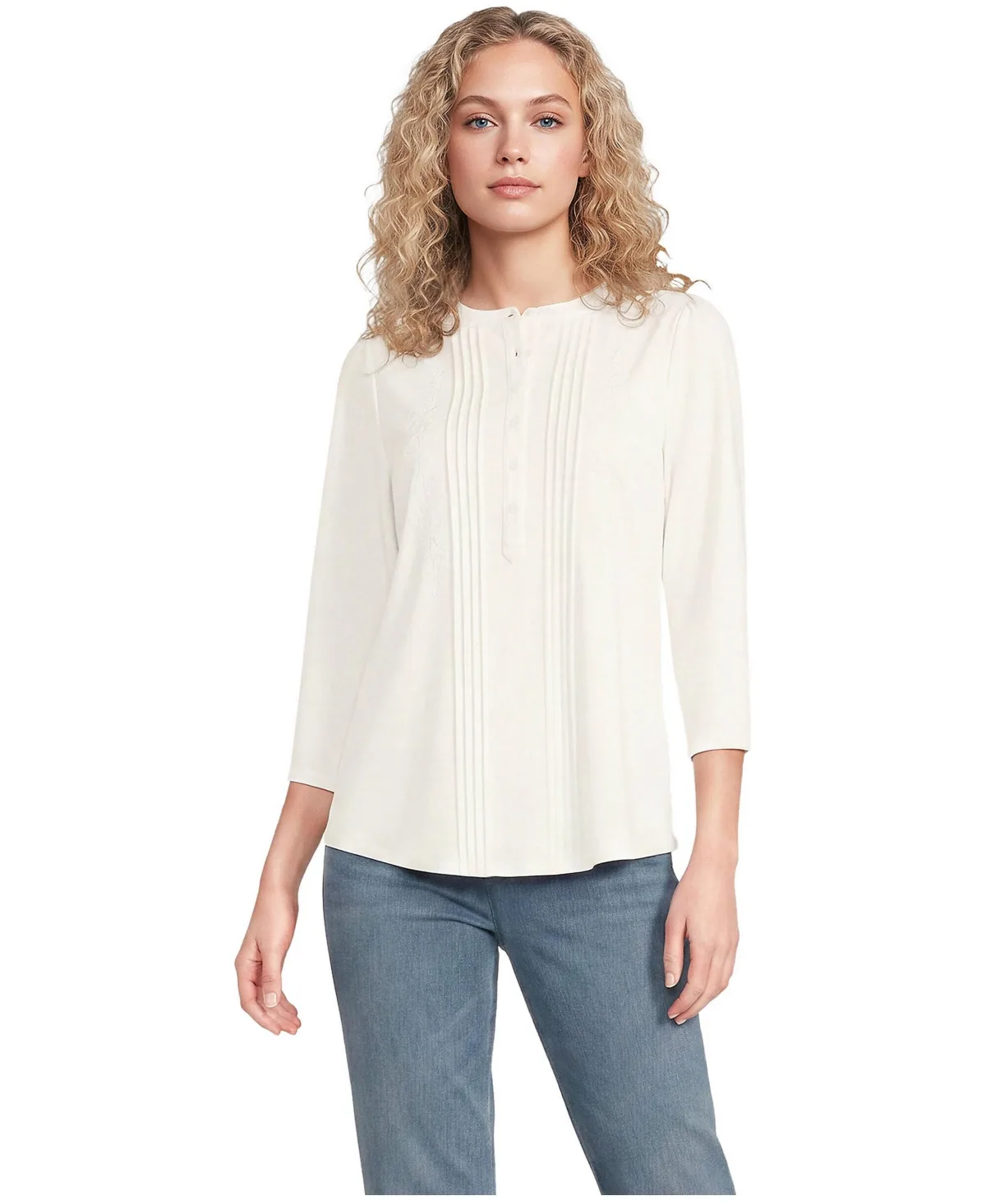3/4 Sleeve Lightweight Jersey Embroidered Pintuck Blouse