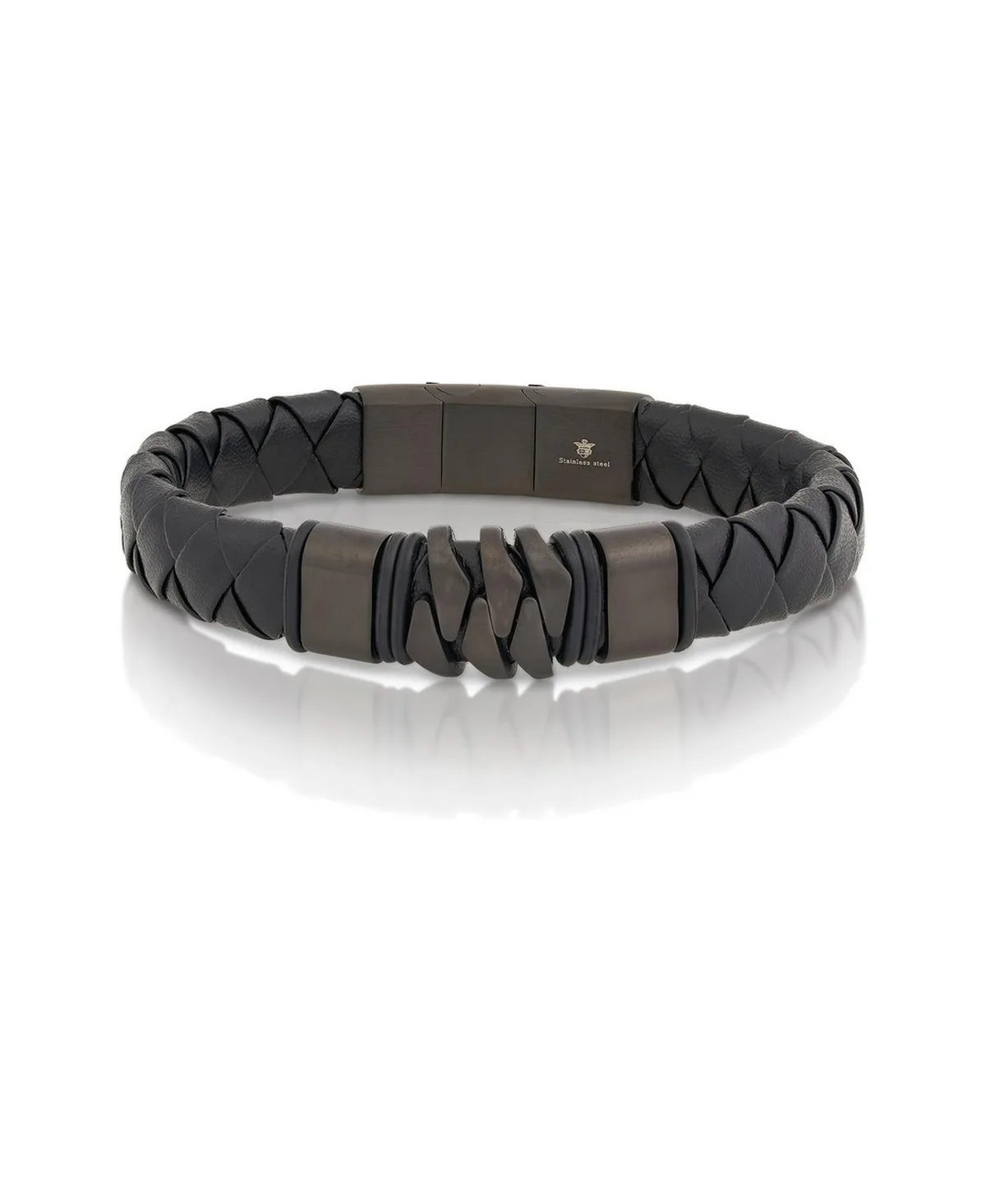 Stainless Steel Genuine Black Leather Magnetic-Lock Bracelet by Metallo