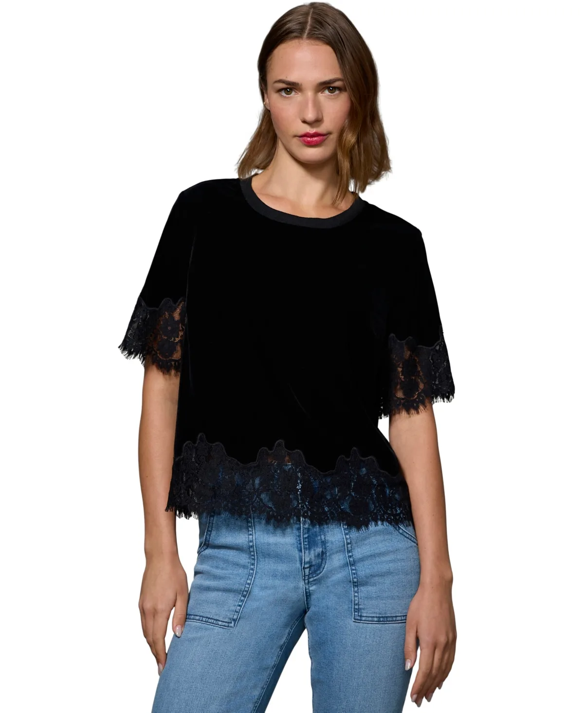 Velvet Lace-Trim Short-Sleeve Blouse by Sanctuary