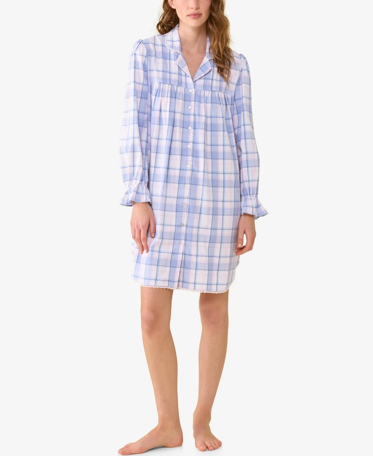 Weekend Plaid Notch Collar Long-Sleeve Button-Front Nightgown by Eileen West