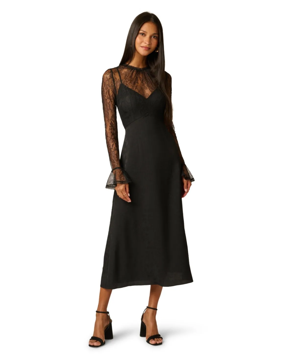 Combo Satin Ankle Long-Sleeve Lace A-Line Dress by Adrianna Papell