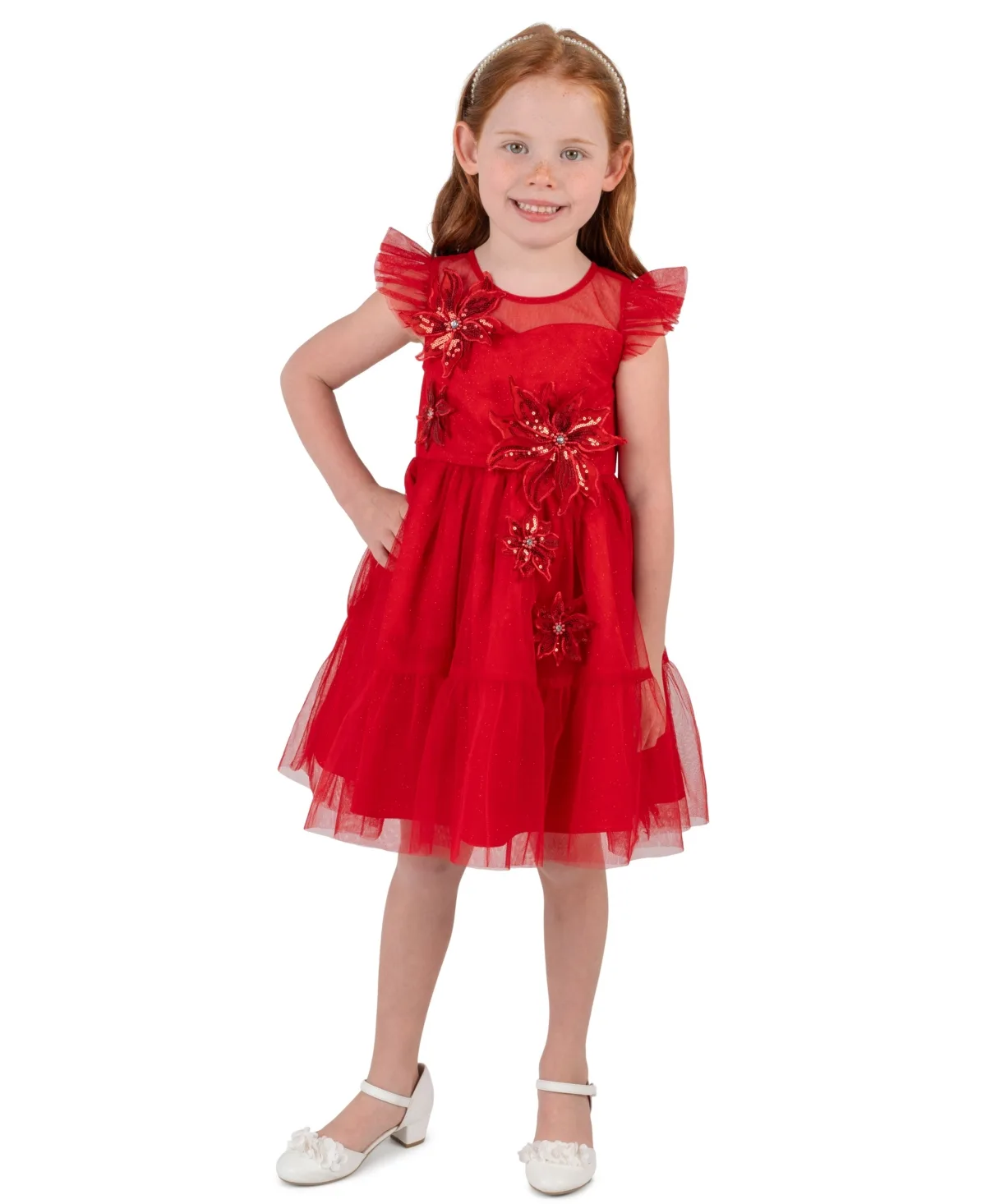 Floral-Applique Glitter Mesh Flutter-Sleeve Dress by Rare Editions