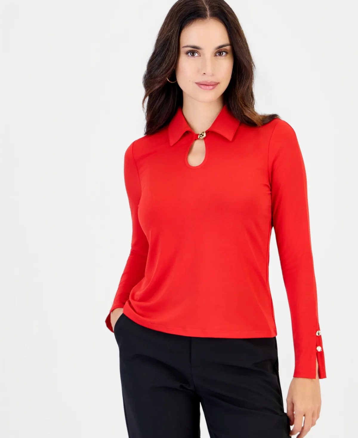 Long-Sleeve Point-Collar Keyhole Neckline Blouse by INC International Concepts