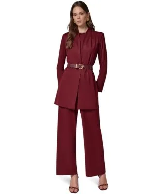 Knit Belted Collarless Blazer Beaded Boat Neck Sleeveless Camisole Wide Leg Pull on Elastic Waist Knit Pants by Donna Karan New York