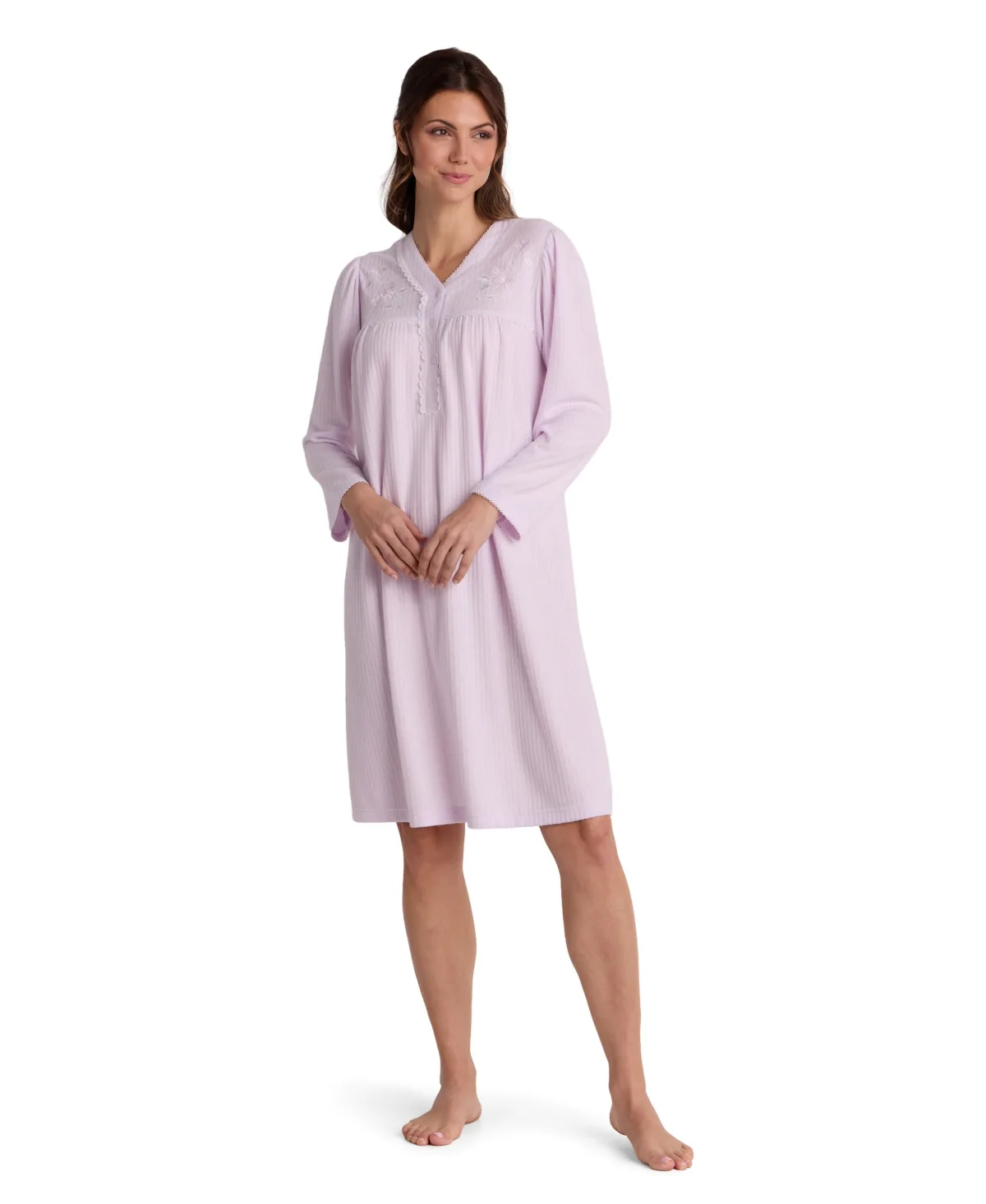 Honeycomb-Knit V-Neck Short Long-Sleeve Gown by Miss Elaine