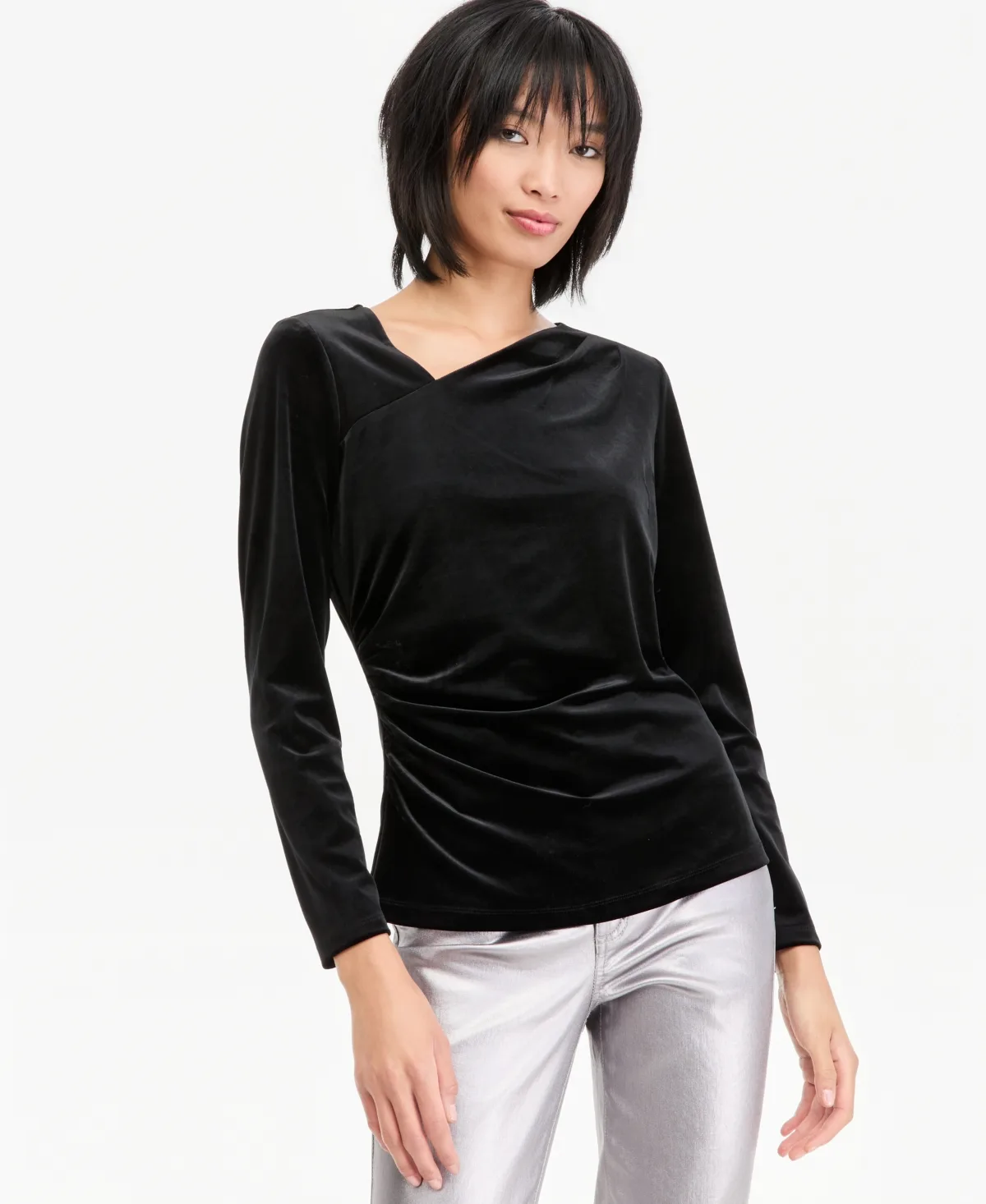 Long-Sleeve Asymmetrical-Neckline Velvet Blouse by INC International Concepts