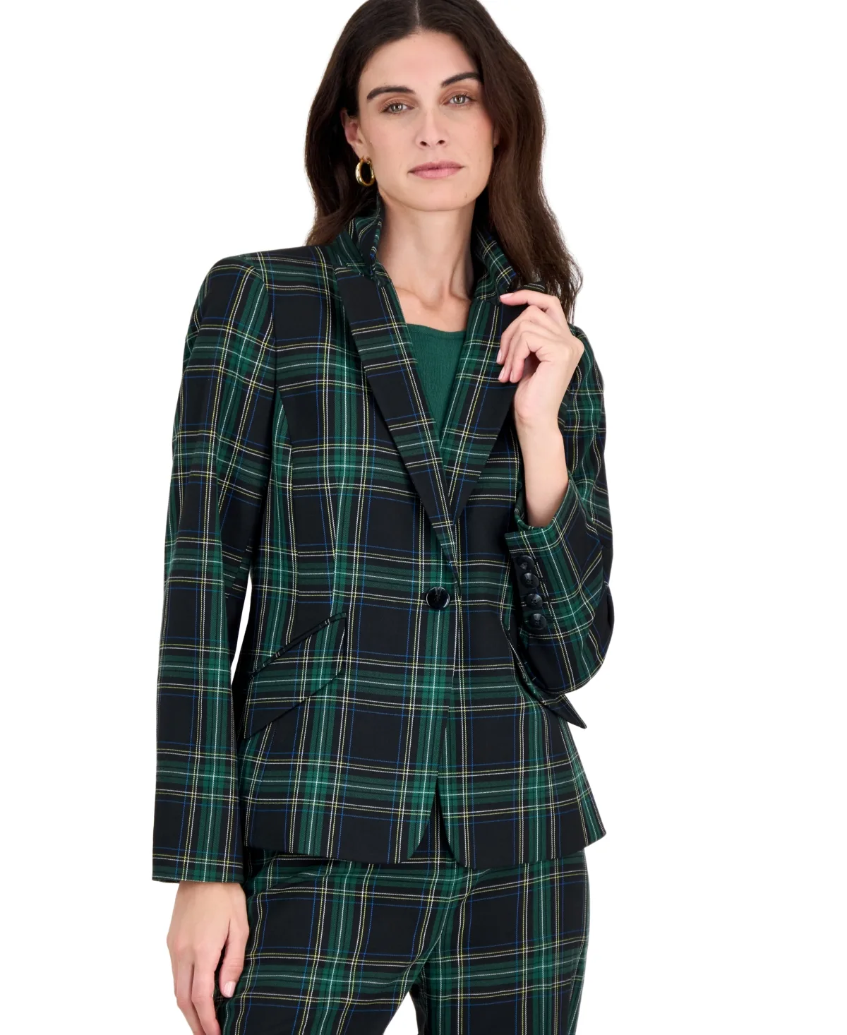Plaid Shoulder-Padded Stretch Blazer by Tahari