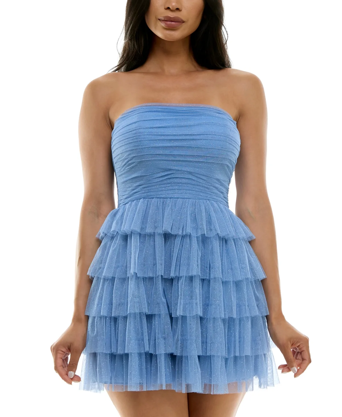 Strapless Side-Shirred Tiered Glitter Mini Dress by B Darlin