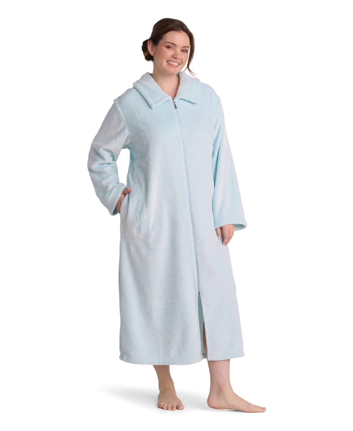 Zip-Front Long-Sleeve Fleece Knit Robe