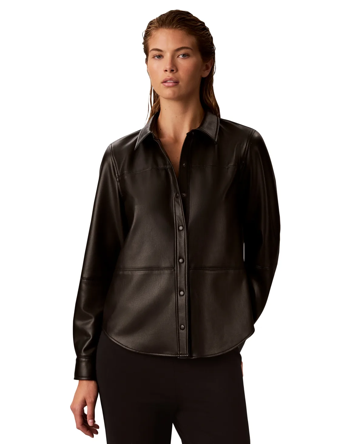 Faux Leather Button-Front Long-Sleeve Shirt by Calvin Klein