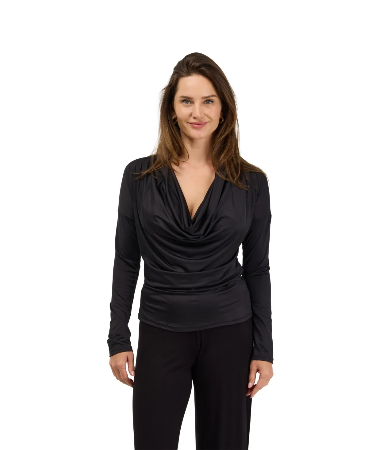Cowl Neck Long Sleeve Shimmery Fabric Top by 24seven Comfort Apparel