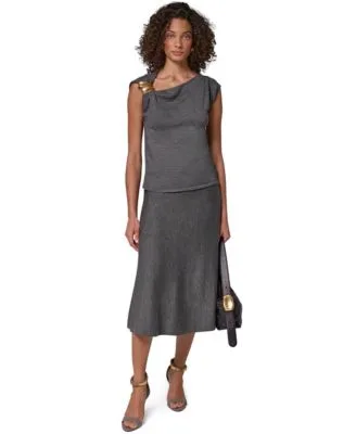 One Shoulder Sleeveless Shoulder Hardware Blouse a Line Midi Pull on Skirt by Donna Karan New York