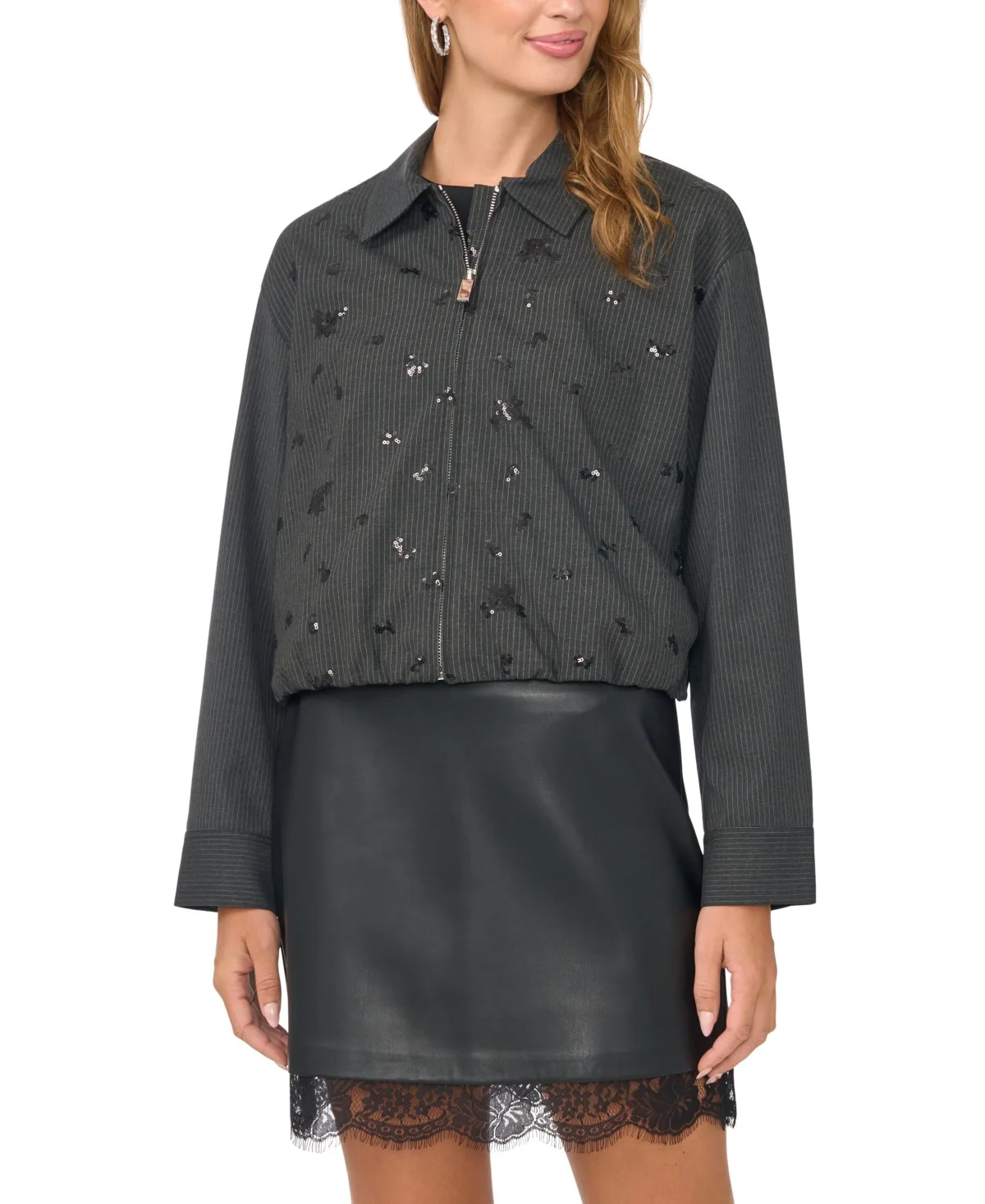Sequin-Embellished Bomber Long-Sleeve Bubble Front Zip Jacket by Vince Camuto