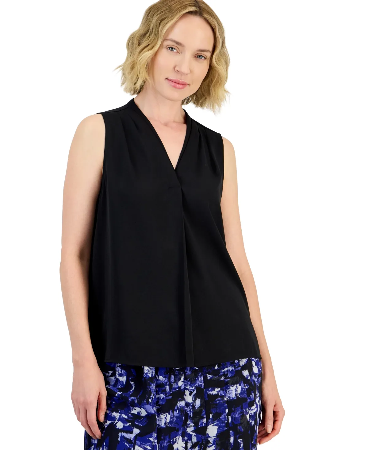 V-Neck Sleeveless Pleated Blouse by Kasper