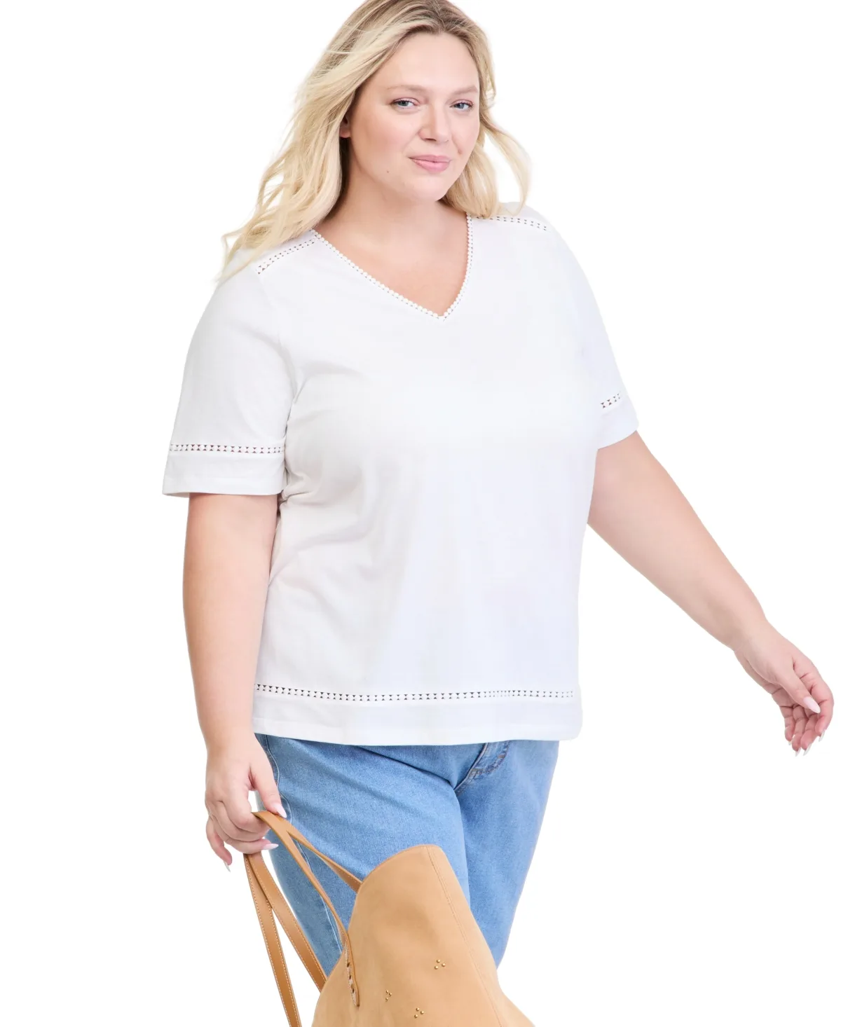 V-Neck Short-Sleeve Pom-Pom Trim T-Shirt