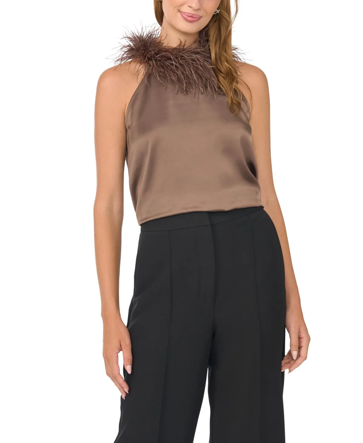 Sleeveless Satin Feather Neck Halter Top by Vince Camuto