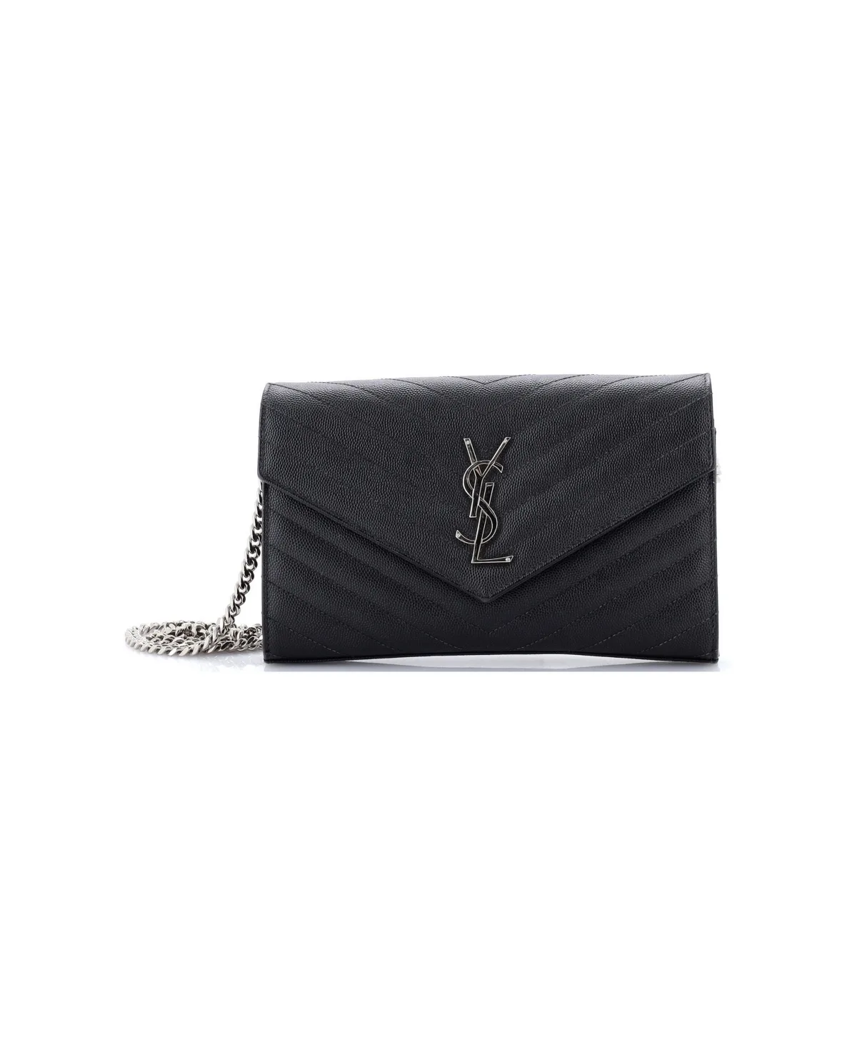 Pre-Owned Long Classic Monogram Short Chain Wallet Matelasse Chevron Leather by Saint Laurent