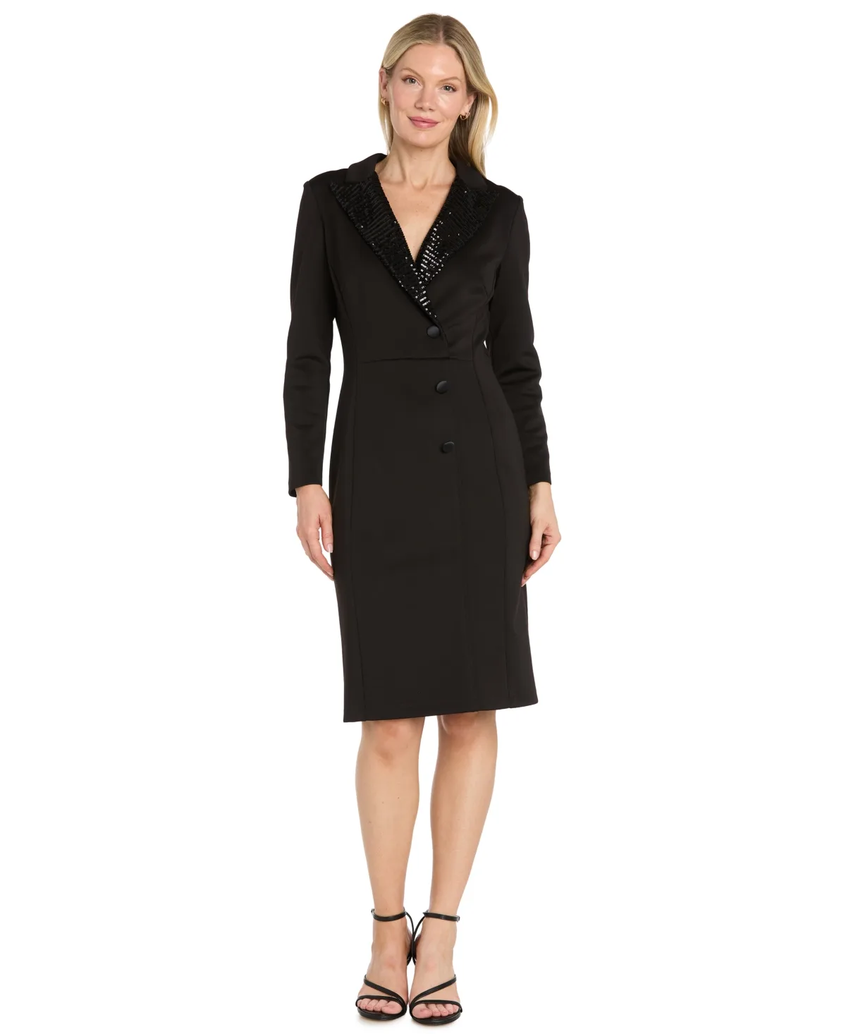 Long-Sleeve V-Neck Scuba Tuxedo Dress by R&M Richards