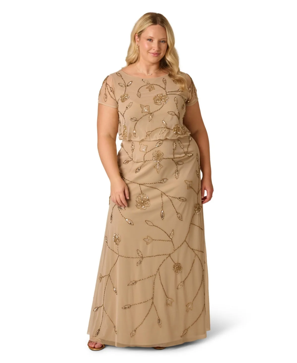 Blouson Floral-Print Beaded Gown by Adrianna Papell