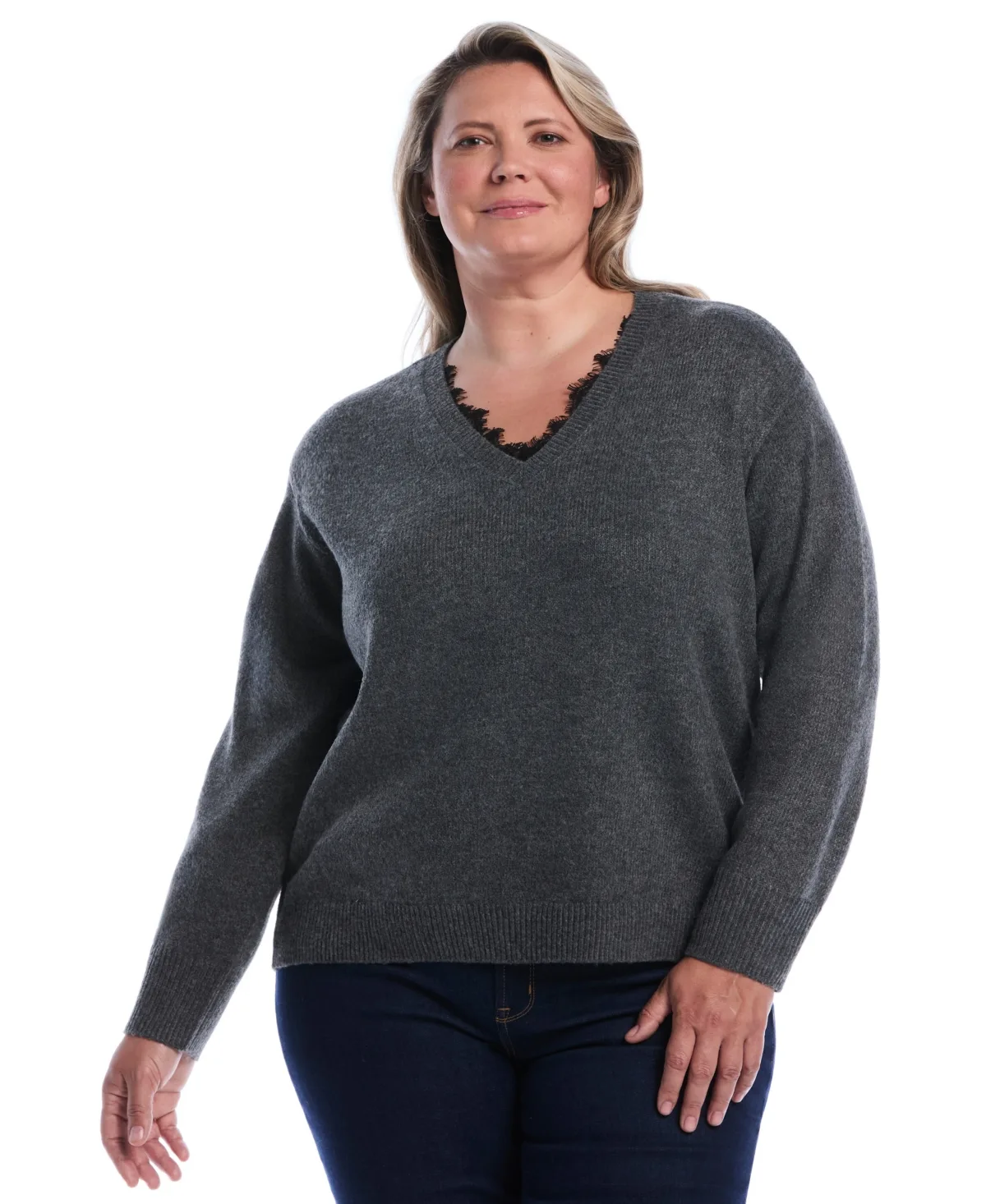 Lace Trim V-Neck Long-Sleeve Sweater by Rafaella