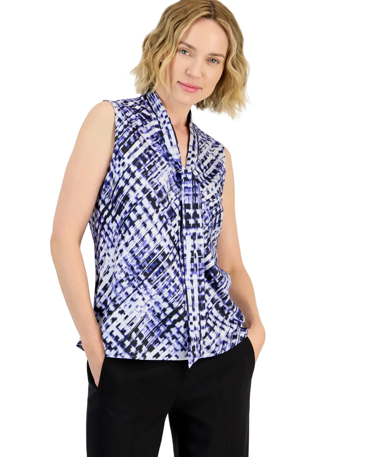 Abstract Print Tie-Neck Sleeveless Blouse by Kasper