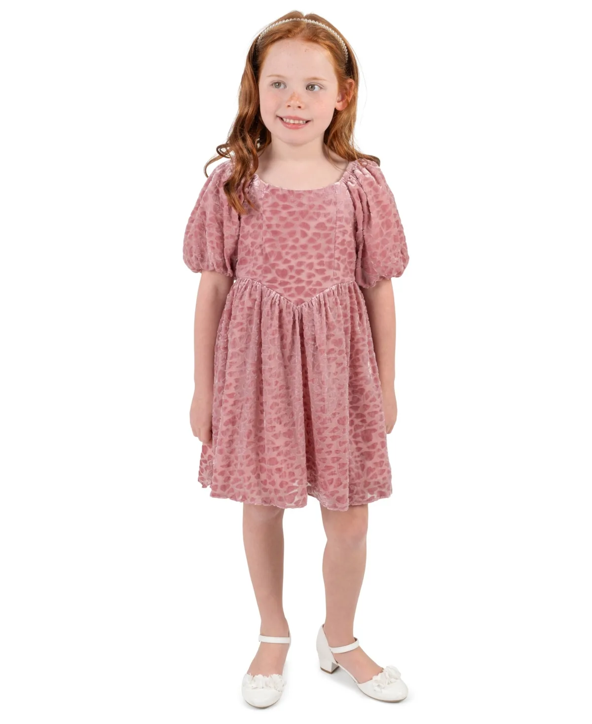 Velvet Puff-Sleeve Heart-Print Dress by Rare Editions