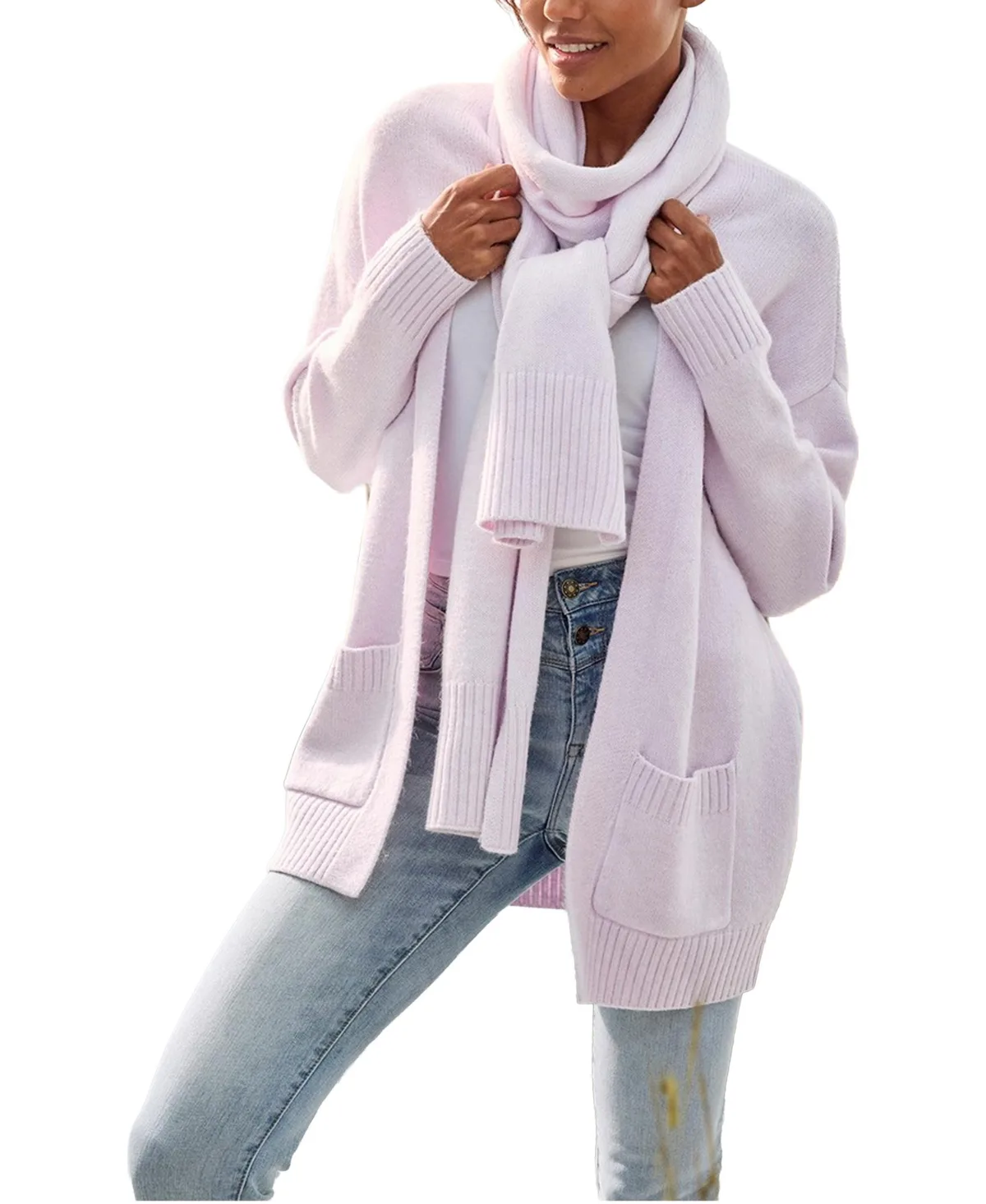 Open-Front Long-Sleeve Pocket Cardigan and Scarf, 2-Piece Set by Lascana