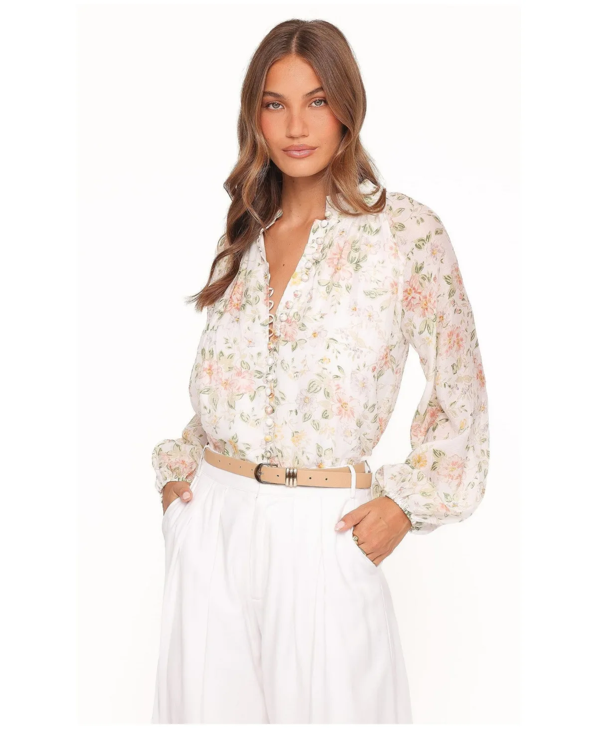 Marni Long-Sleeve Floral-Print Button-Up Chiffon Blouse by Petal and Pup
