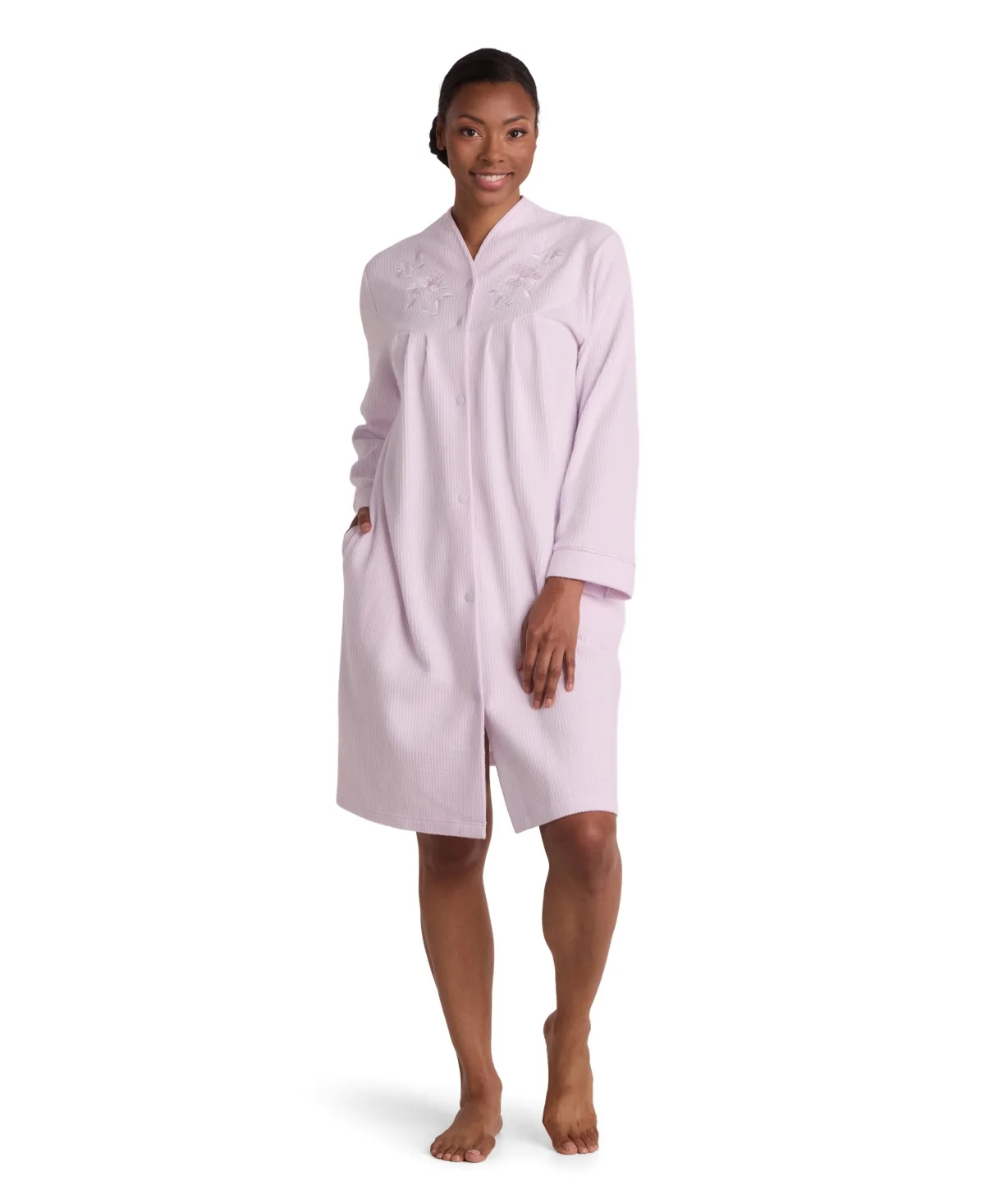 Brushed Waffle-Knit Long-Sleeve Short Robe by Miss Elaine