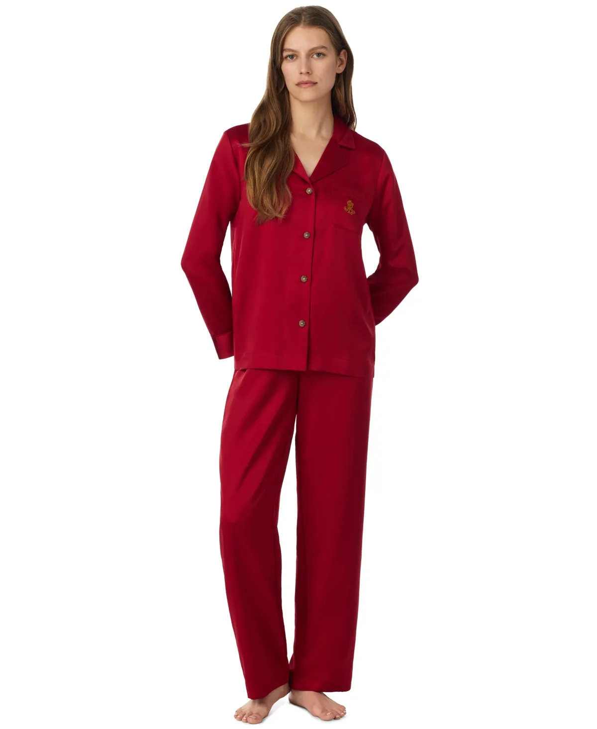 Lauren Ralph Lauren Petite Long-Sleeve Notch Collar Satin Top and Pants, 2-Piece Set by Ralph Lauren