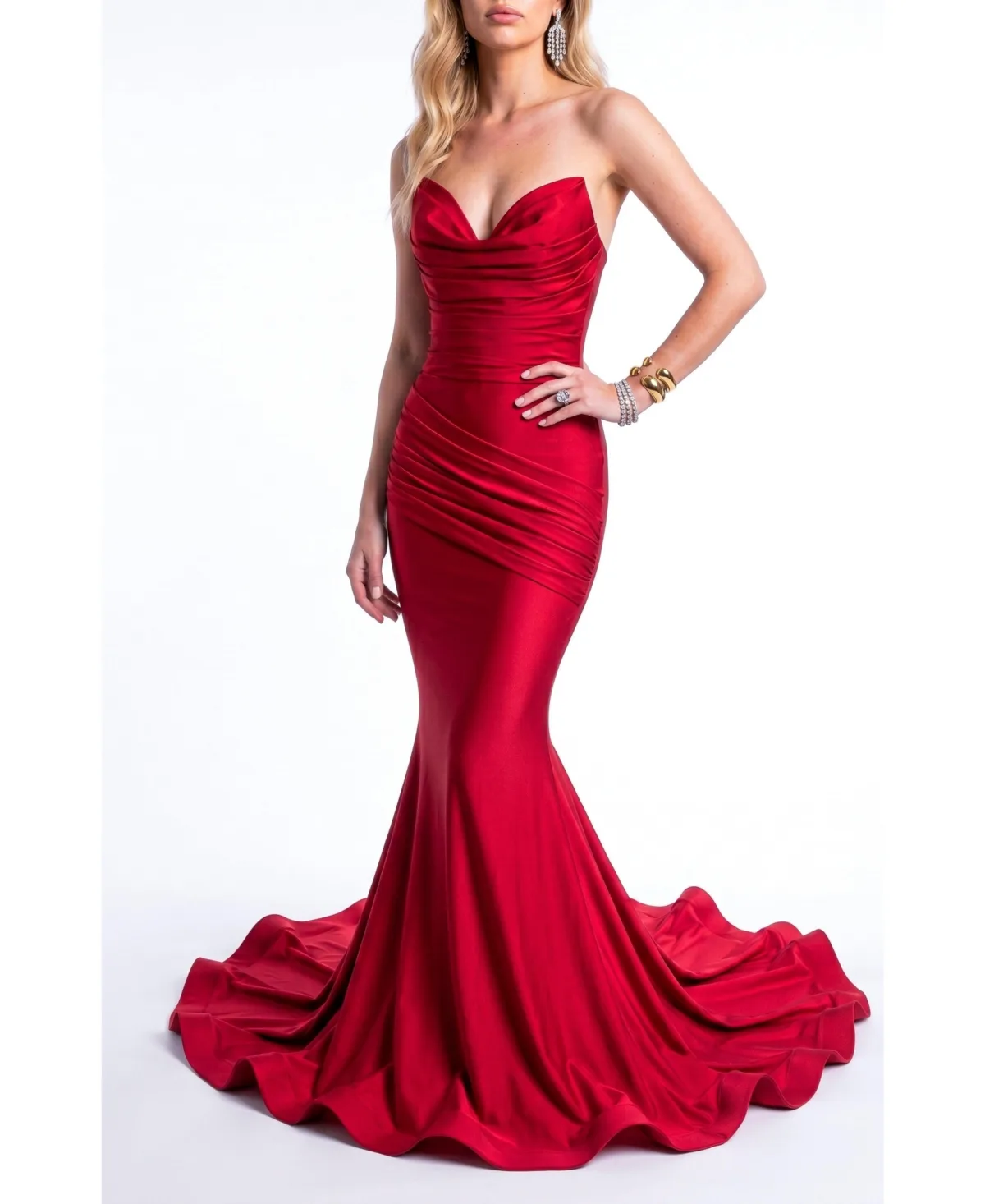 Ruched Cowl Neck Mermaid Gown