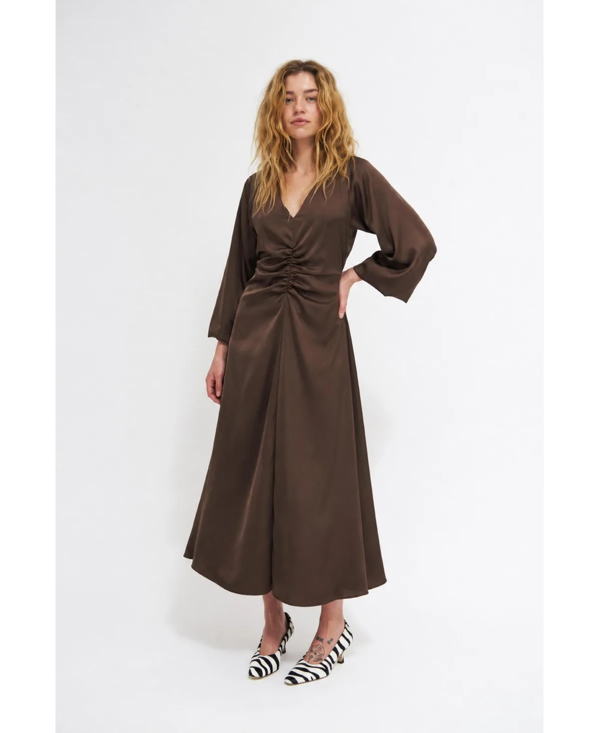 Wrenlee Satin A-Line V-Neck Midi Dress by Cras