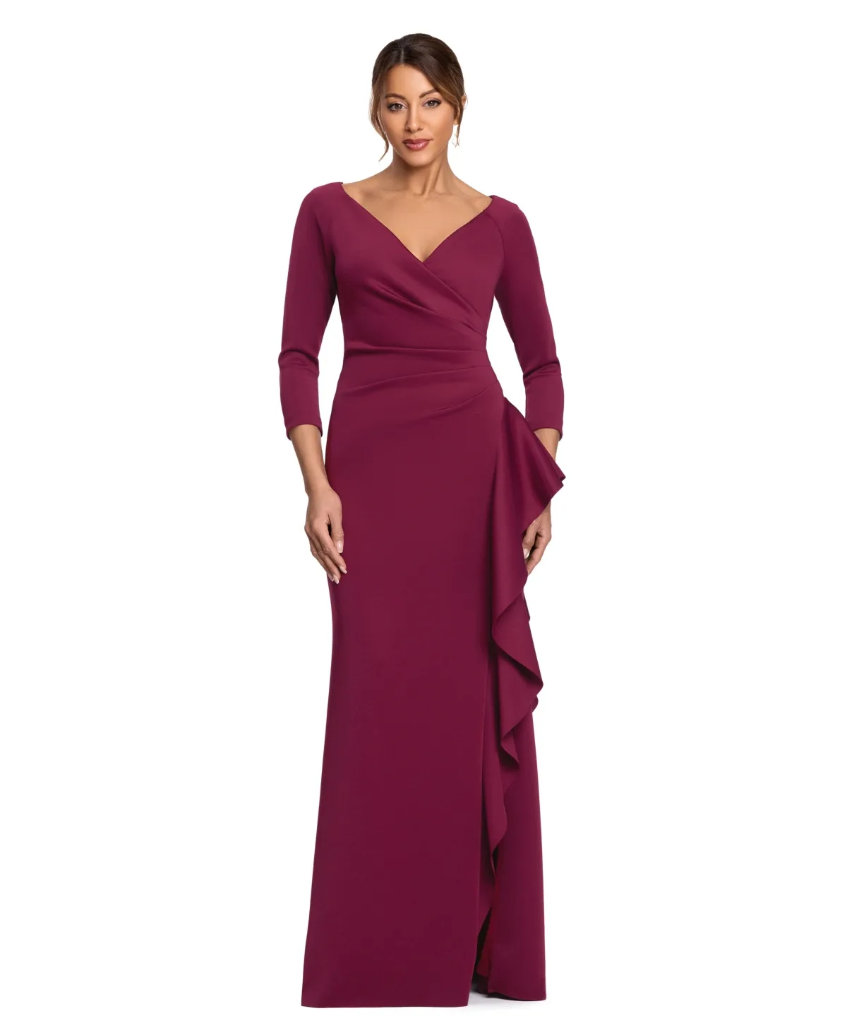 V-Neck 3/4-Sleeve Ruffled Gown by Xscape