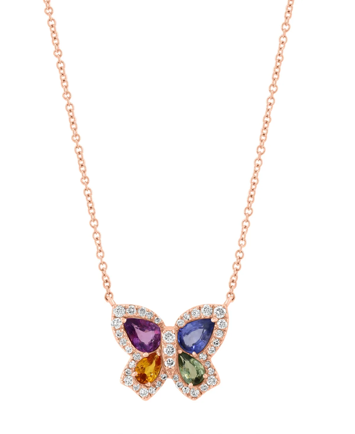 Diamond and Multi-Stone Butterfly Pendant Necklace (1/4 ct. t.w. Diamond, 1-1/2 ct. t.w. Multi Sapphire) in 14k Yellow Gold by Effy Collection