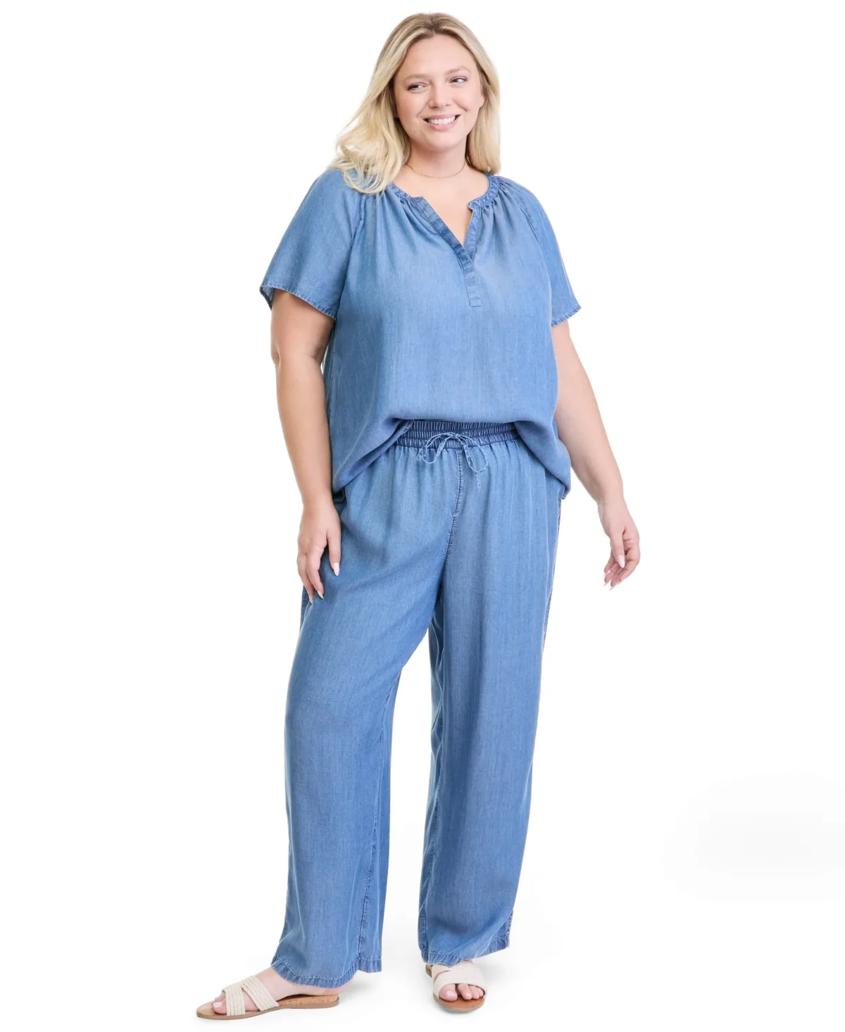 Tencel Chambray Pull-On Drawstring Wide-Leg Pants by Style & Co