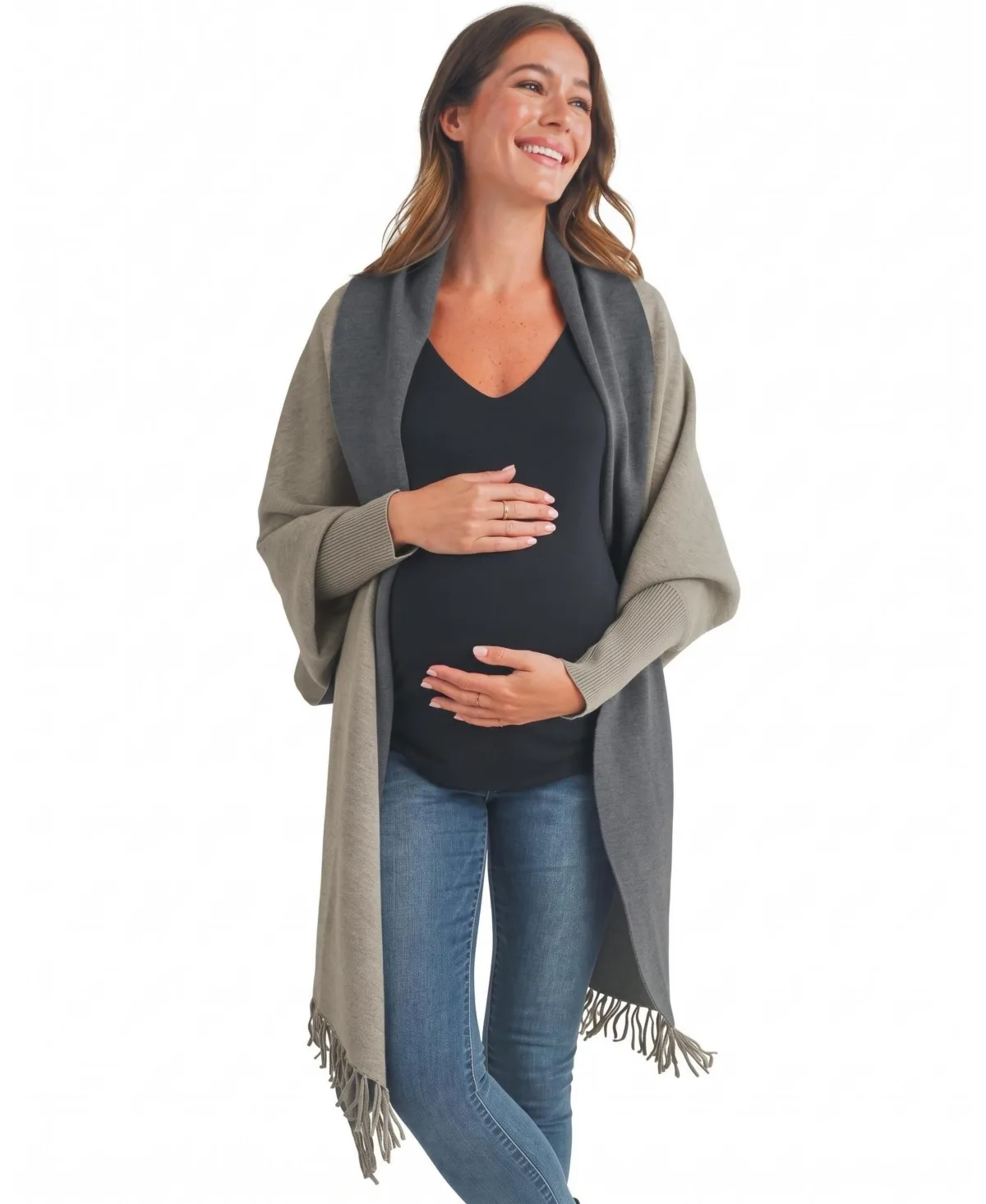 Shawl-Collar Two-Tone Sweater Wrap Cardigan by Hello Miz