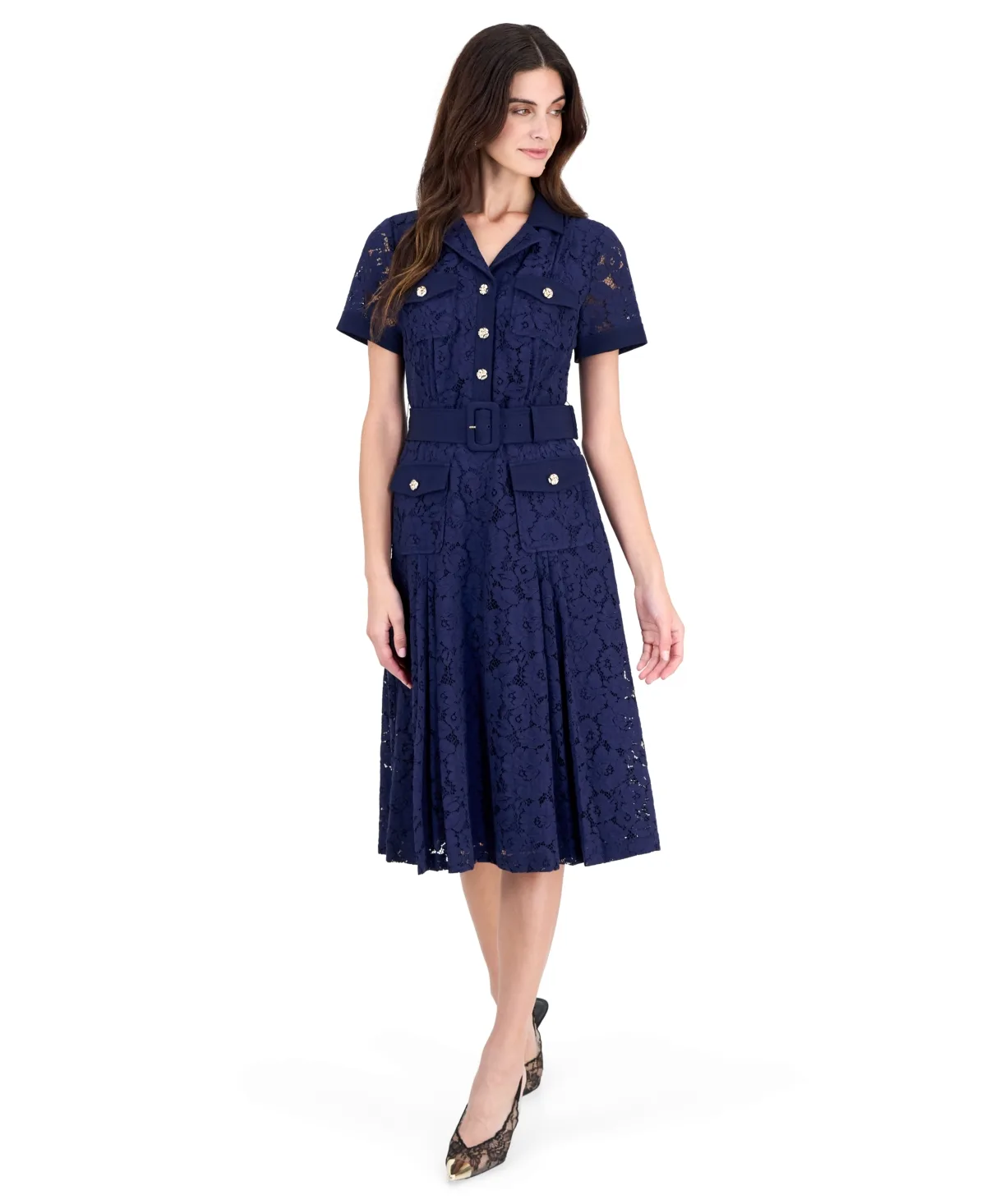 Tahari ASL Floral-Print Short-Sleeve Lace Shirt Dress by Tahari