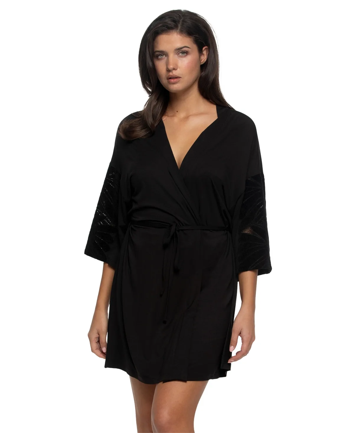 Lace V-Neck 3/4-Sleeve Kimono Robe by Jezebel