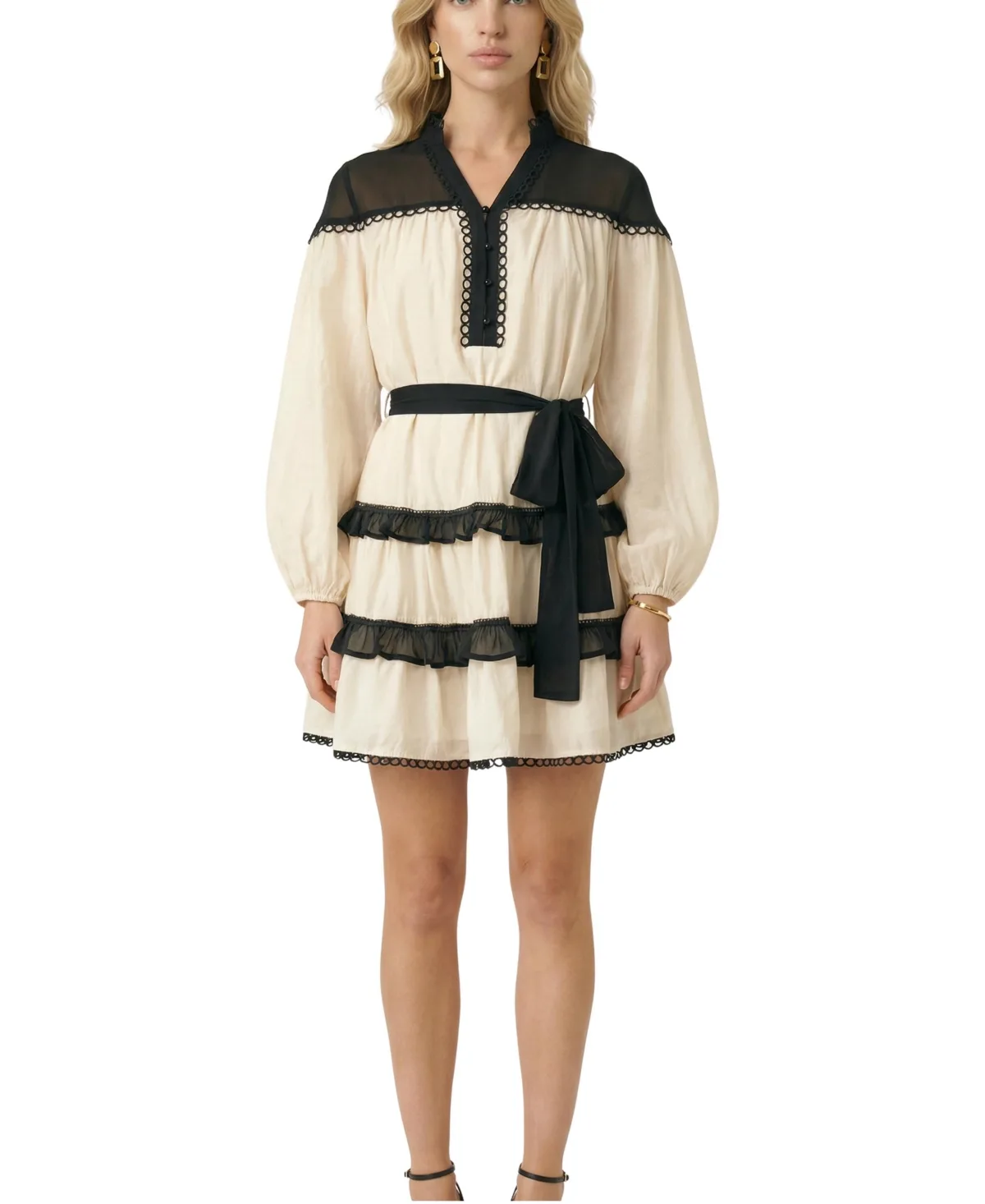 Rayon-Blend Ruffle Lace Sheer-Yoke Mini Dress by Modenaire