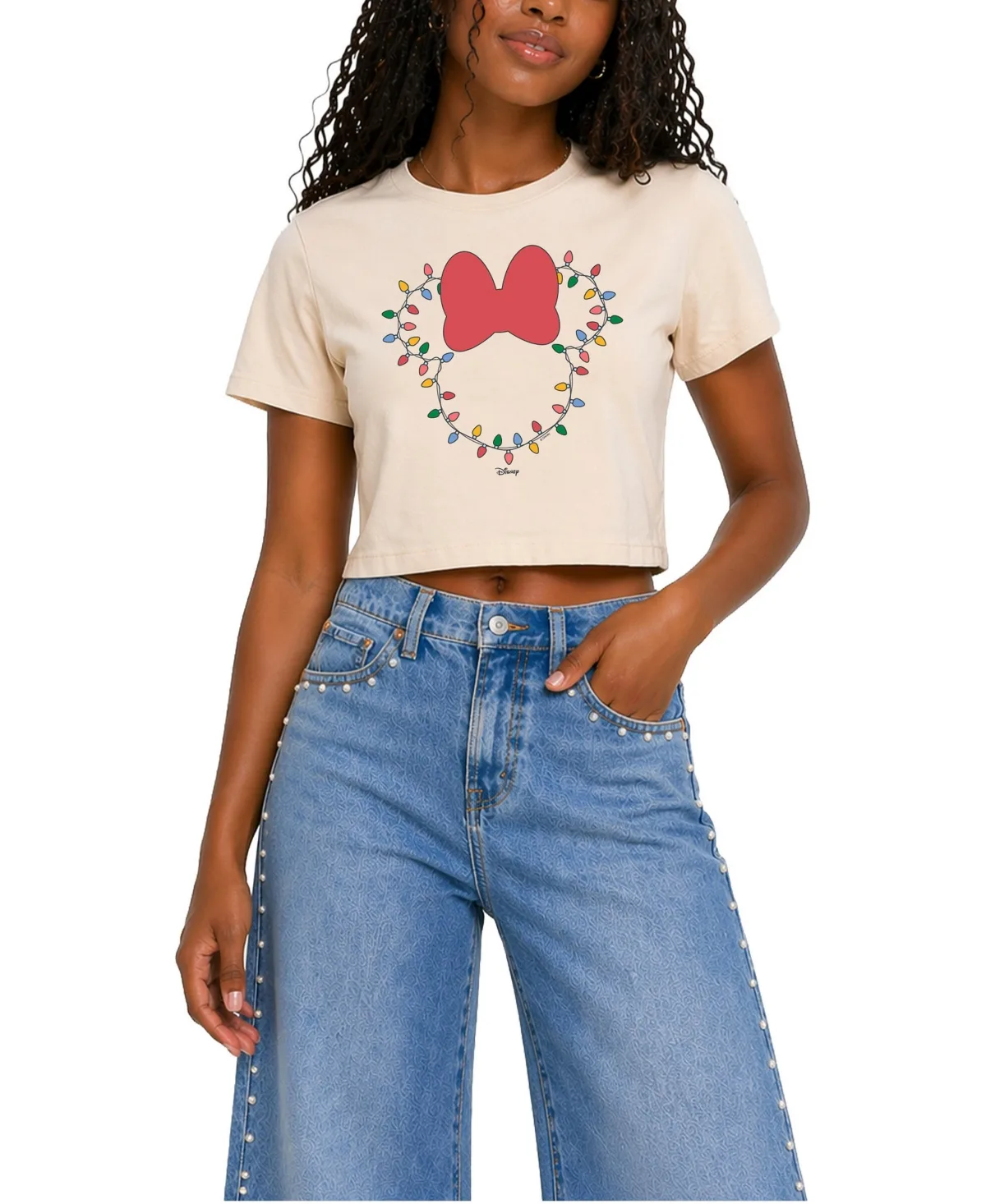 Christmas Lights Minnie Head Cropped Graphic T-Shirt