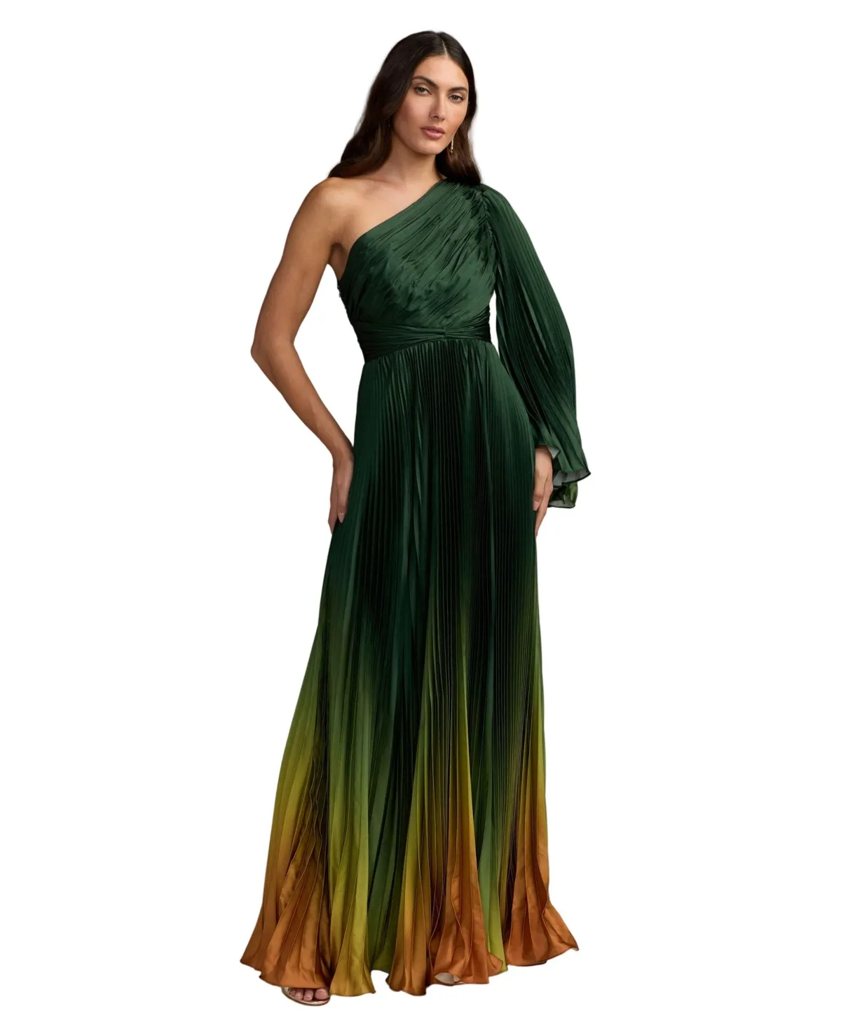 Mac Duggal Pleated Charmeuse One Long Flare Sleeve Gown by M.A.C.