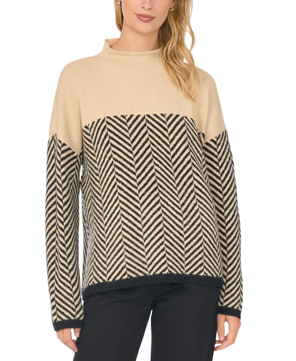 Mock Neck Herringbone Long-Sleeve Sweater by S.A.M.