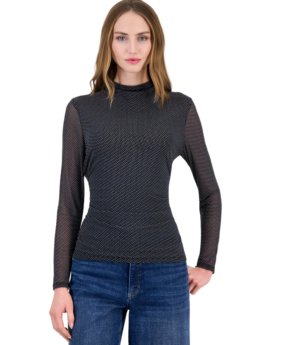 Long-Sleeve Mock-Neck Printed Mesh Top by INC International Concepts