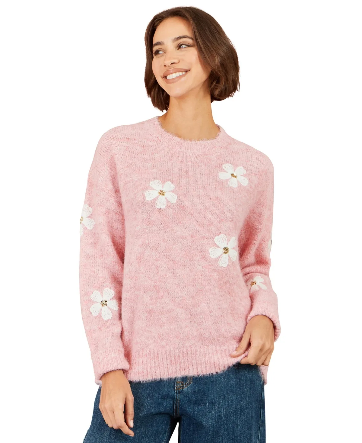 Crochet Flowers Relaxed-Fit Long-Sleeve Sweater by Yumi