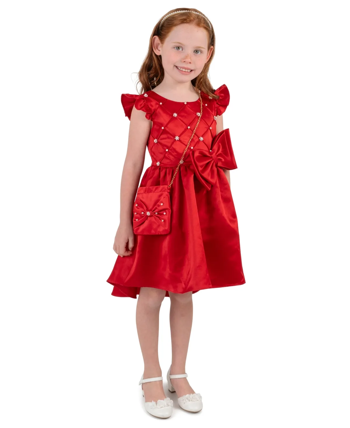 Flutter-Sleeve Pearl-Embellished Smocked Bodice High-Low Dress and Handbag, 2-Piece Set by Rare Editions