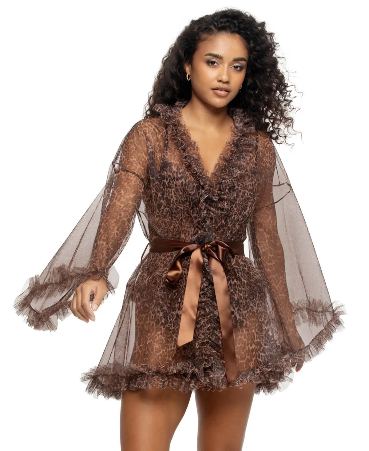 Animal-Print Long-Sleeve Satin-Lace Robe by Jezebel